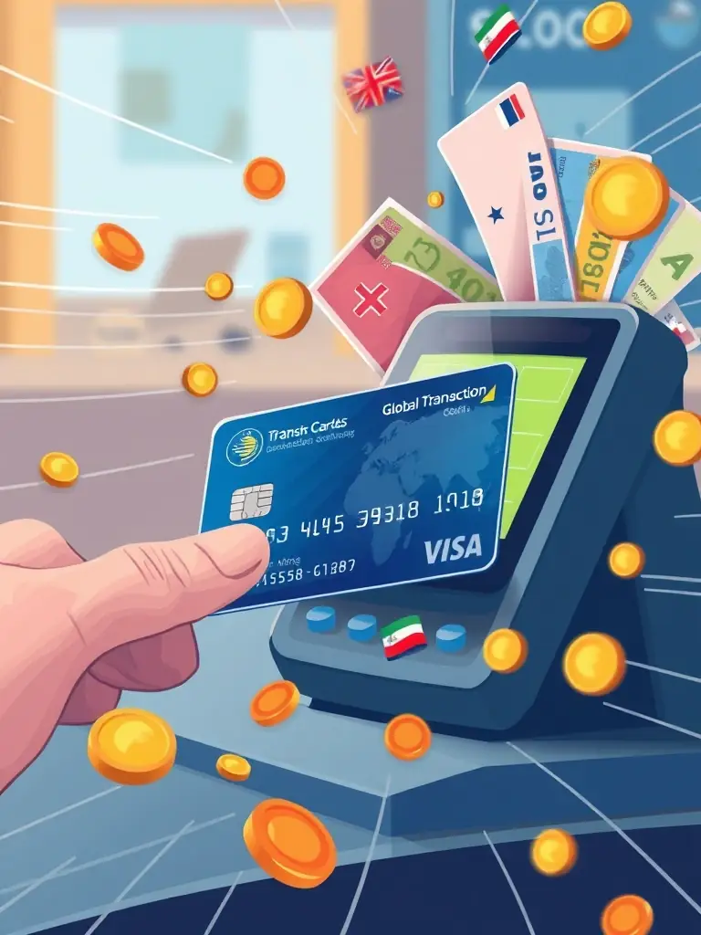A visual representation of a Global Transaction Card being used to make a purchase in a foreign currency, highlighting the seamless transaction process.