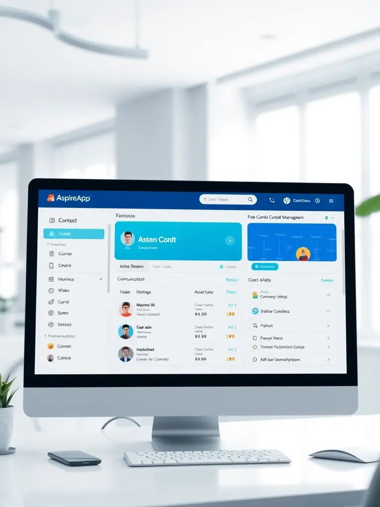 An image of a contact management dashboard within AspireApp, displaying organized contact lists, communication logs, and quick access to contact details.