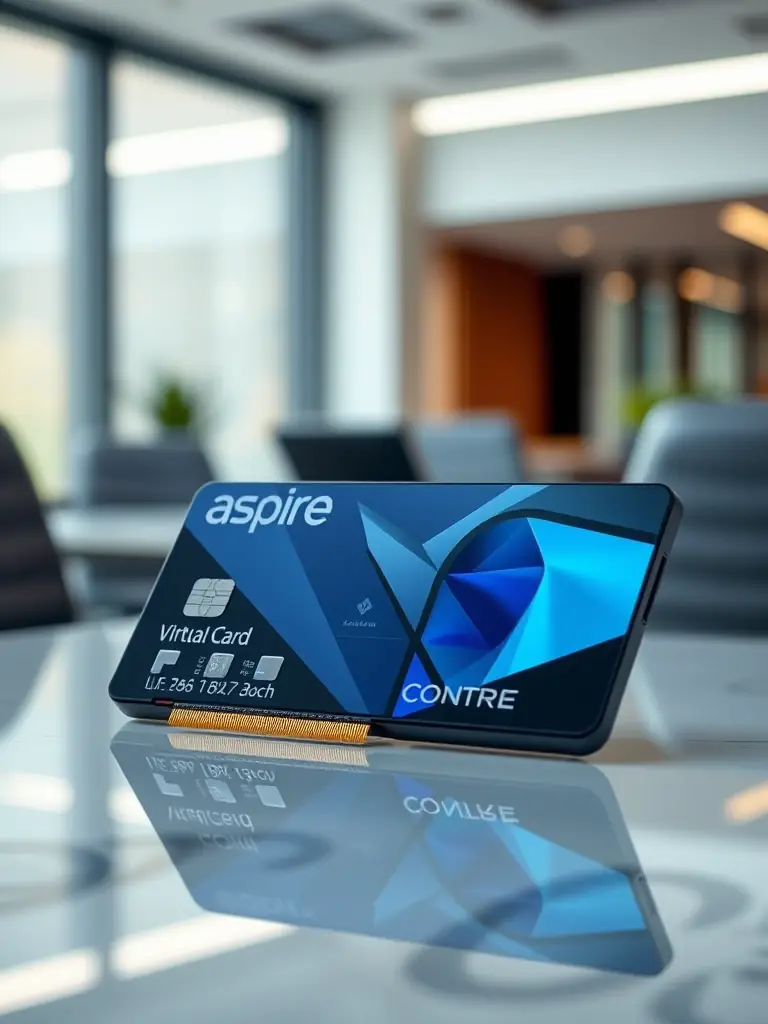A close-up shot of the Aspire Virtual Card Pro, highlighting its customizable features and sleek design, set against a backdrop of a modern office environment to emphasize its professional appeal.