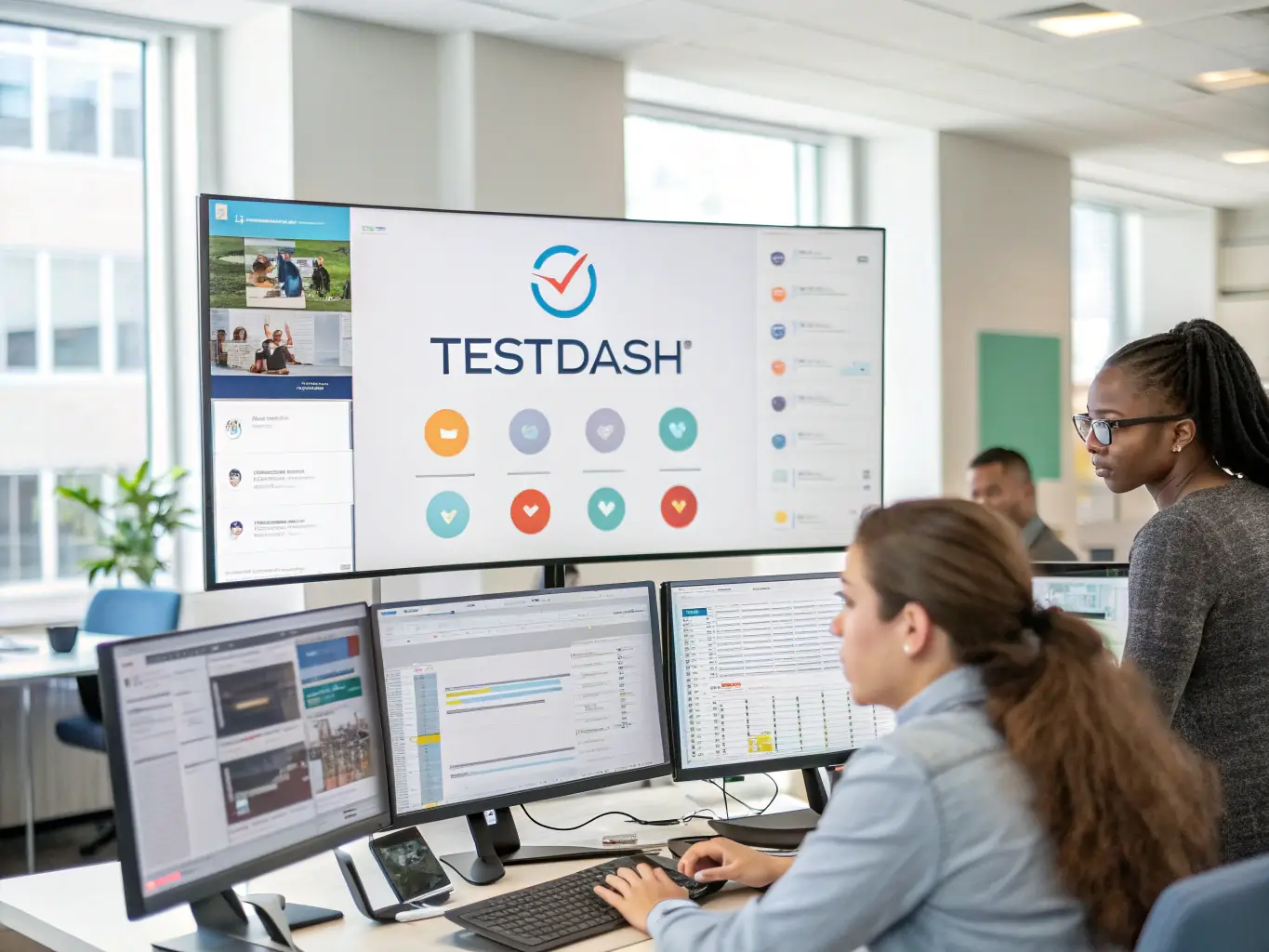 An interactive dashboard of a team collaboration tool displayed on a tablet, featuring chat windows, task lists, and shared documents, representing AspireApp's Team Collaboration Tools.