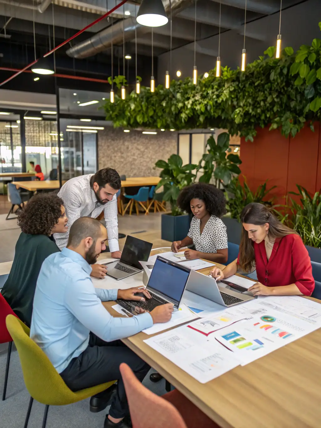 A diverse team collaborating around a table, using virtual cards for various business transactions, showcasing improved efficiency and teamwork.