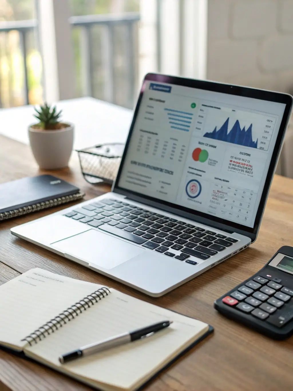 A professional workspace featuring a laptop displaying a virtual card interface, surrounded by financial documents and a calculator, symbolizing efficient financial management.